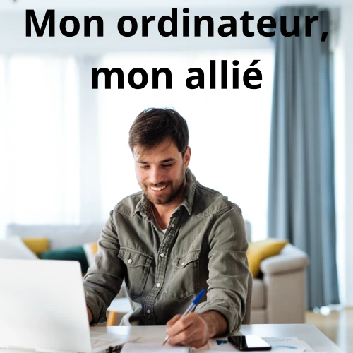 mon ordinateur, mon allié photo d'un homme heureux sur son ordinateur